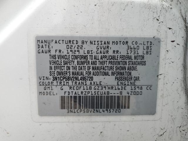 3N1CP5BV2NL495720 - 2022 NISSAN KICKS S WHITE photo 13