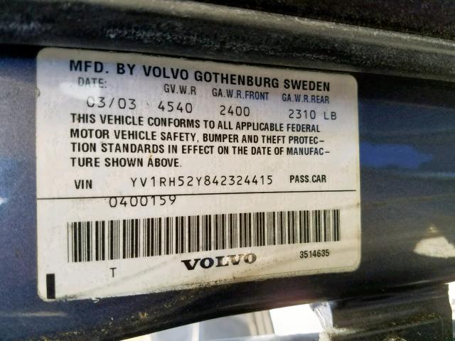 YV1RH52Y842324415 - 2004 VOLVO S60 R  ფოტო 10