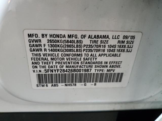 5FNYF28426B001987 - 2006 HONDA PILOT EX WHITE photo 12