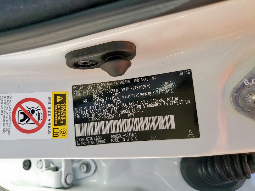 5TDKKRFH9GS504137 - 2016 TOYOTA HIGHLANDER XLE 白色 照片 13