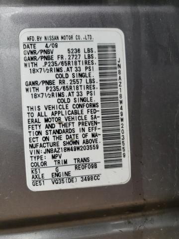 JN8AZ18W49W203559 - 2009 NISSAN MURANO S GRAY photo 12