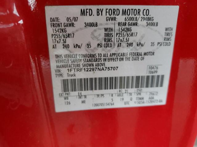 1FTRF12297NA75707 - 2007 FORD F150 RED photo 12