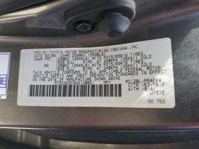 5TDZA23C84S130021 - 2004 TOYOTA SIENNA CE GRAY photo 12