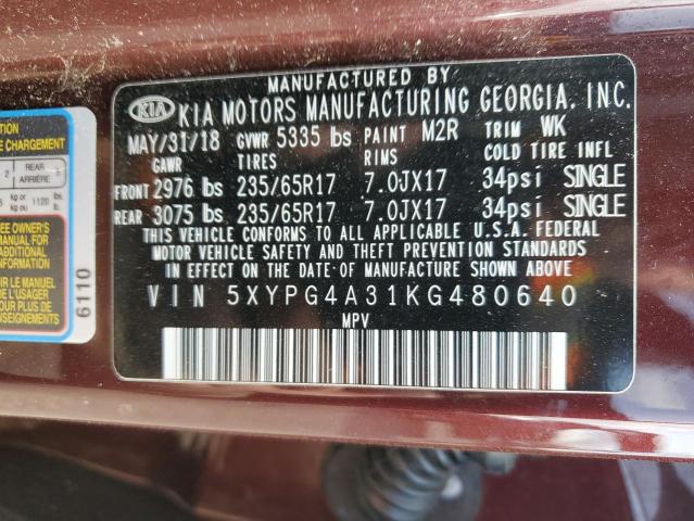 5XYPG4A31KG480640 - 2019 KIA SORENTO L BURGUNDY photo 14