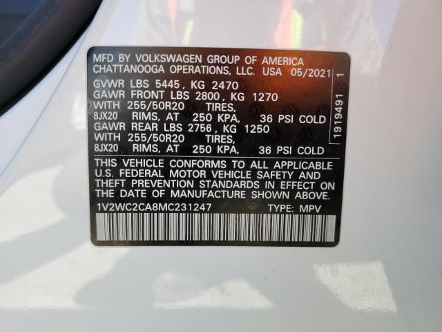 1V2WC2CA8MC231247 - 2021 VOLKSWAGEN ATLAS CROS SE Белый фото 13
