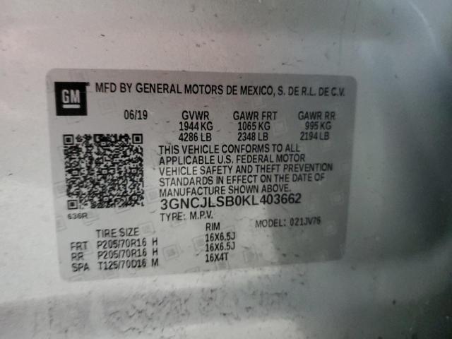 3GNCJLSB0KL403662 - 2019 CHEVROLET TRAX 1LT ნაცრისფერი ფოტო 12