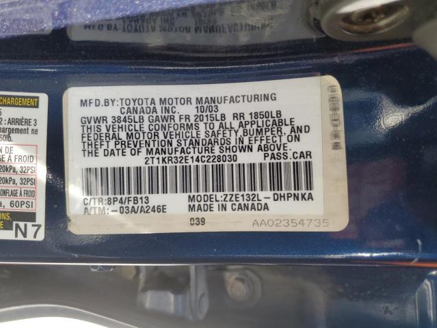 2T1KR32E14C228030 - 2004 TOYOTA COROLLA MA XR BLUE photo 12