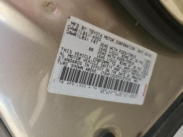 JT6HF10U5Y0157035 - 2000 LEXUS RX 300 BEIGE photo 12