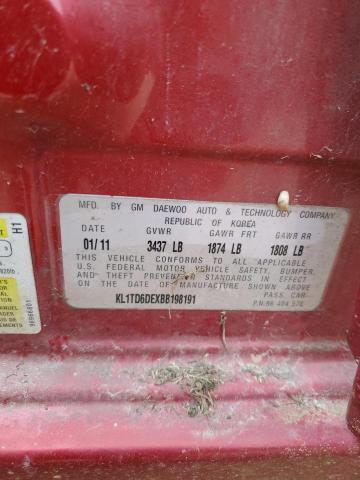 KL1TD6DEXBB198191 - 2011 CHEVROLET AVEO LS 红色 照片 12