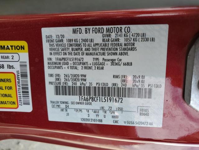 1FA6P8CF1L5191672 - 2020 FORD MUSTANG GT RED photo 12