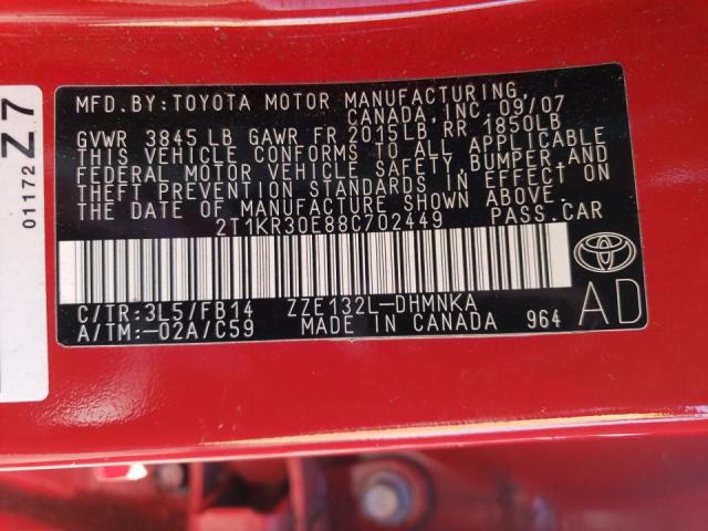 2T1KR30E88C702449 - 2008 TOYOTA COROLLA MA XR RED photo 12