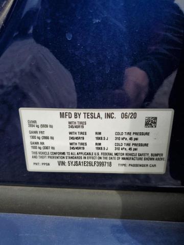 5YJSA1E26LF399718 - 2020 TESLA MODEL S Կապույտ լուսանկար 12