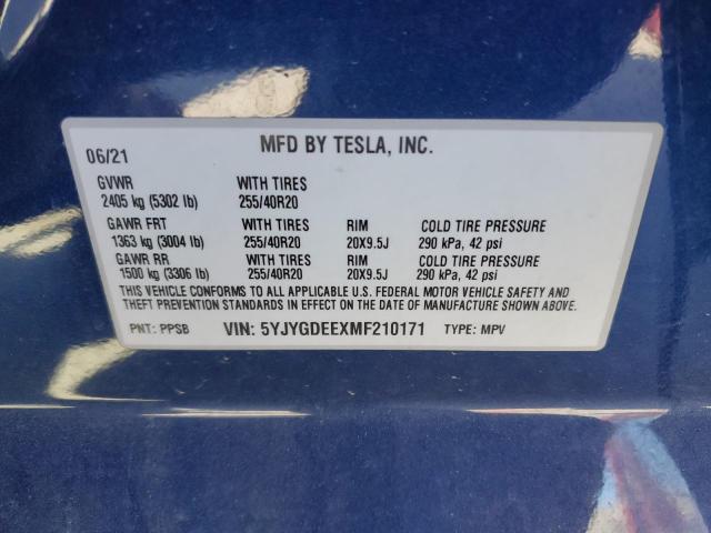 5YJYGDEEXMF210171 - 2021 TESLA MODEL Y BLUE photo 12