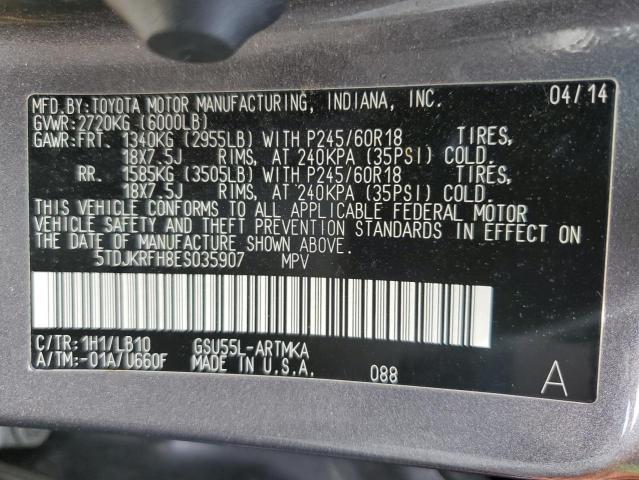 5TDJKRFH8ES035907 - 2014 TOYOTA HIGHLANDER XLE Grafit foto 14