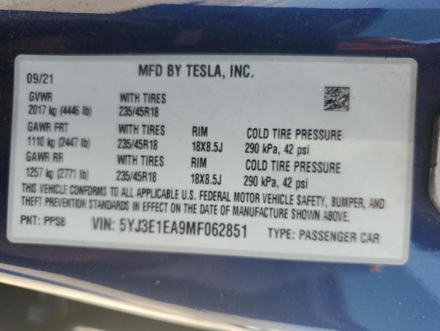 5YJ3E1EA9MF062851 - 2021 TESLA MODEL 3 BLUE photo 12