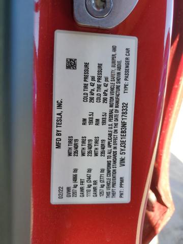 5YJ3E1EB3NF178332 - 2022 TESLA MODEL 3 RED photo 12