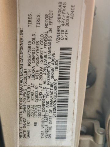 5TEGN92NX2Z085915 - 2002 TOYOTA TACOMA DOUBLE CAB PRERUNNER GOLD photo 12
