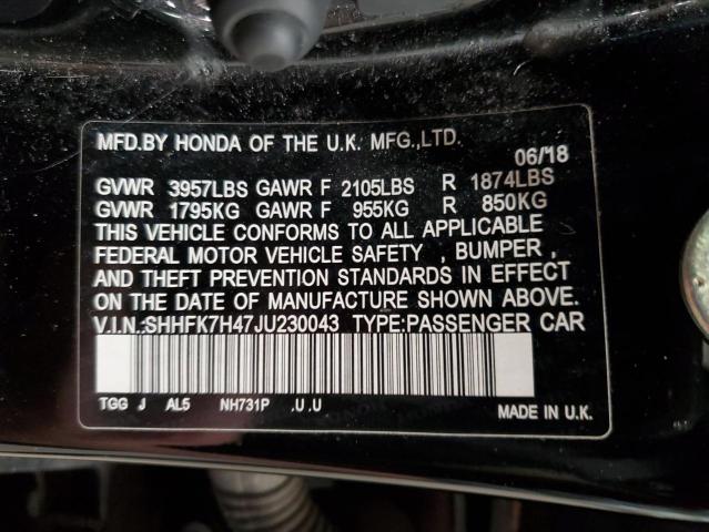 SHHFK7H47JU230043 - 2018 HONDA CIVIC SPORT 黑色 照片 13