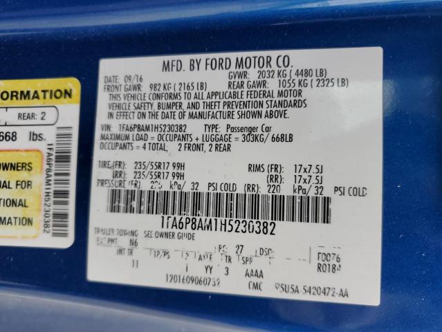 1FA6P8AM1H5230382 - 2017 FORD MUSTANG BLUE photo 12