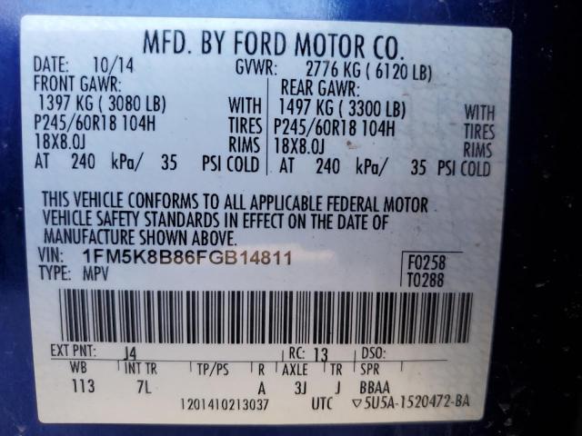 1FM5K8B86FGB14811 - 2015 FORD EXPLORER BLUE photo 13