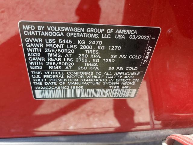 1V2JC2CA9NC216865 - 2022 VOLKSWAGEN ATLAS CROS SE Красный фото 13