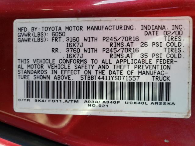 5TBBT4411YS071557 - 2000 TOYOTA TUNDRA ACCESS CAB RED photo 12