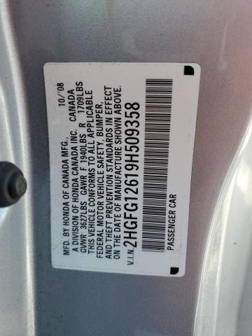 2HGFG12619H509358 - 2009 HONDA CIVIC LX SILVER photo 12