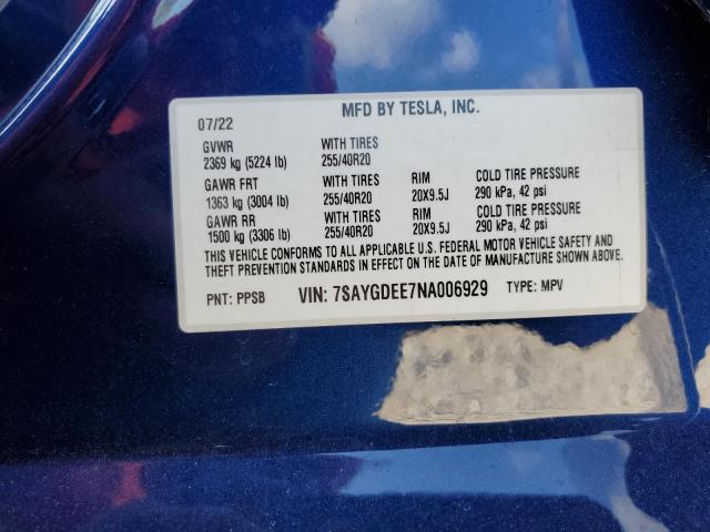 7SAYGDEE7NA006929 - 2022 TESLA MODEL Y BLUE photo 13