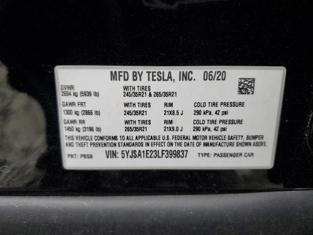 5YJSA1E23LF399837 - 2020 TESLA MODEL S Qara foto 12