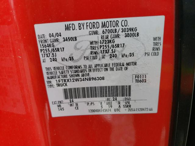 1FTRX12W34NB96308 - 2004 FORD F150 RED photo 12