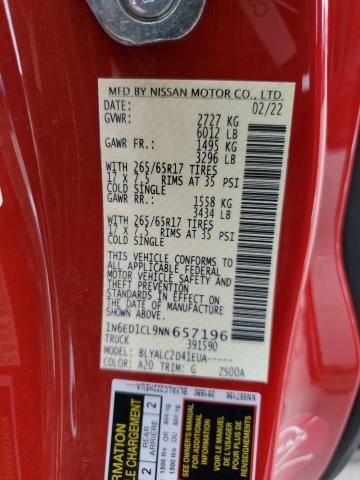 1N6ED1CL9NN657196 - 2022 NISSAN FRONTIER S RED photo 12