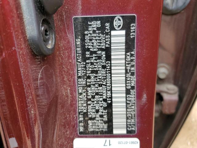 4T1BK1EB6DU011453 - 2013 TOYOTA AVALON BASE 栗色 照片 12