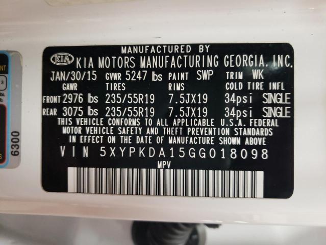 5XYPKDA15GG018098 - 2016 KIA SORENTO SX WHITE photo 12