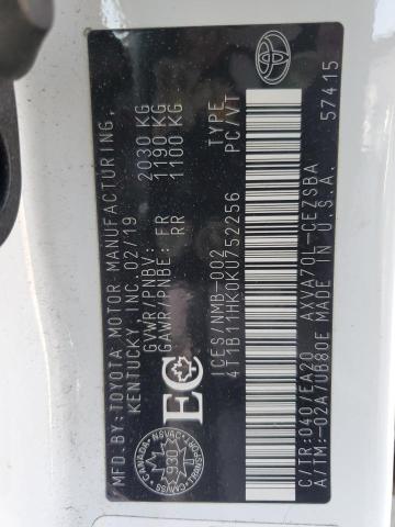 4T1B11HK0KU752256 - 2019 TOYOTA CAMRY L WHITE photo 13