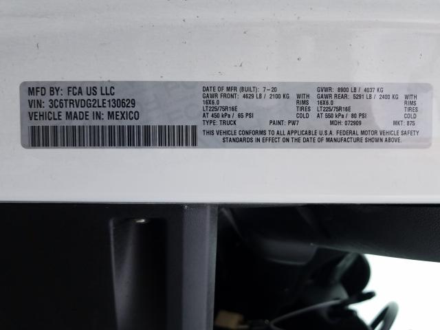 3C6TRVDG2LE130629 - 2020 RAM PROMASTER 2500 HIGH WHITE photo 10