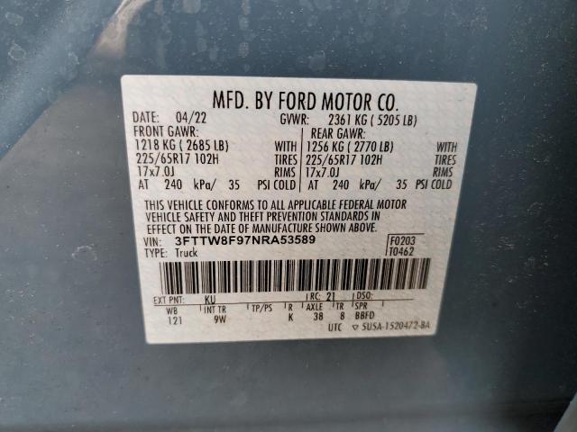 3FTTW8F97NRA53589 - 2022 FORD MAVERICK XL BLUE photo 12