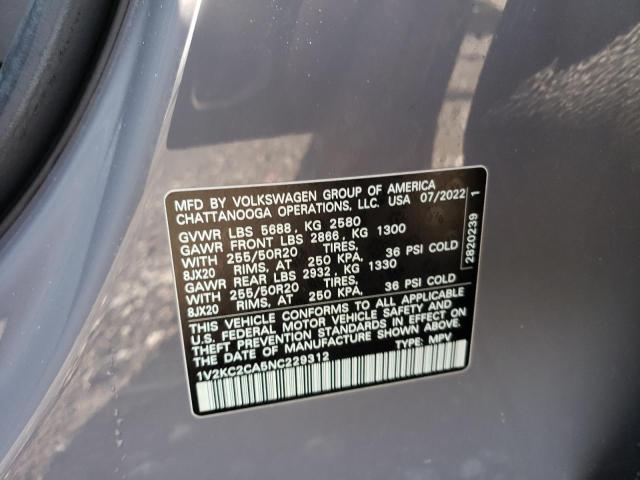 1V2KC2CA5NC229312 - 2022 VOLKSWAGEN ATLAS CROS SE ნაცრისფერი ფოტო 12