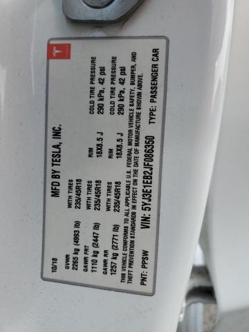 5YJ3E1EB2JF086350 - 2018 TESLA MODEL 3 Білий фото 12