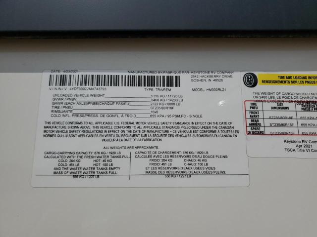 4YDF33022MA743793 - 2021 KEYSTONE MONTANA 白色 照片 10