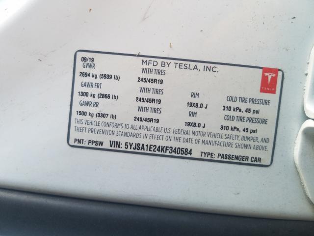 5YJSA1E24KF340584 - 2019 TESLA MODEL S თეთრი ფოტო 10