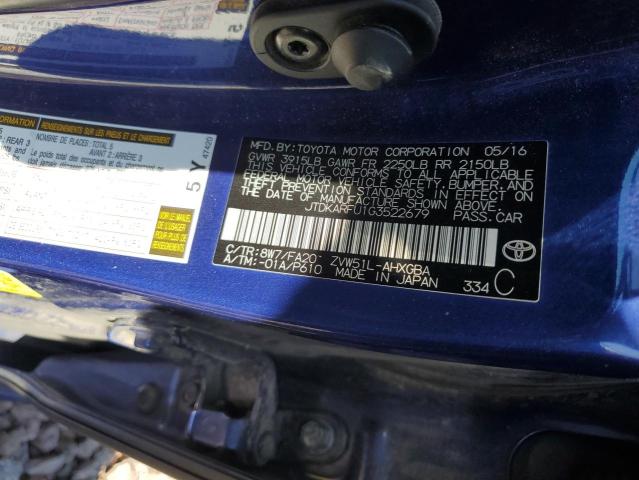 JTDKARFU1G3522679 - 2016 TOYOTA PRIUS BLUE photo 12