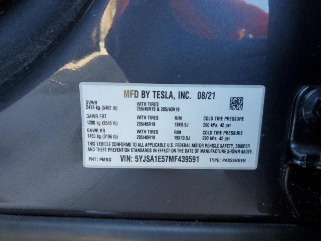 5YJSA1E57MF439591 - 2021 TESLA MODEL S Մոխրագույն լուսանկար 12