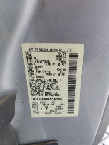 1N6AA06B04N543607 - 2004 NISSAN TITAN XE SILVER photo 13