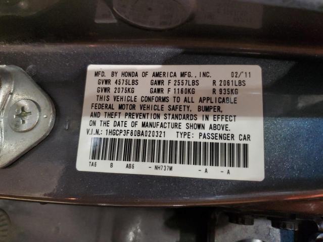 1HGCP3F80BA020321 - 2011 HONDA ACCORD EXL CHARCOAL photo 12