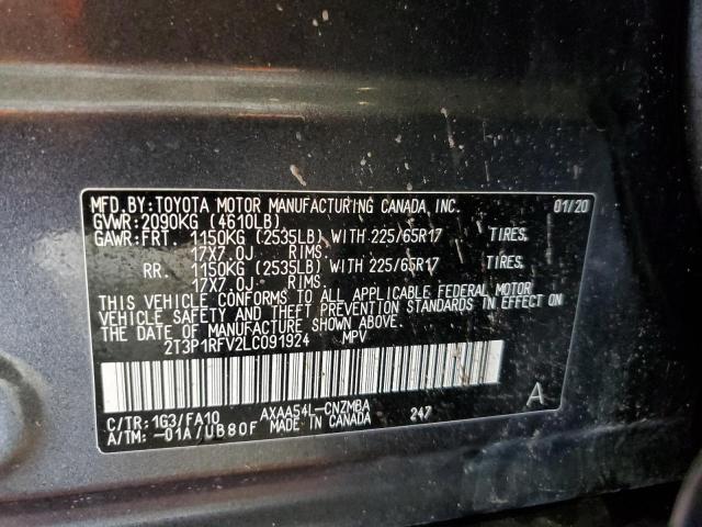 2T3P1RFV2LC091924 - 2020 TOYOTA RAV4 XLE GRAY photo 13