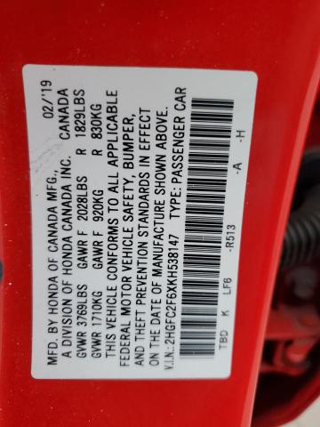 2HGFC2F6XKH538147 - 2019 HONDA CIVIC LX RED photo 13