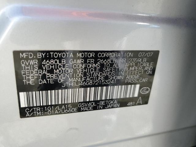 JTHBJ46G872153241 - 2007 LEXUS ES 350 SILVER photo 12