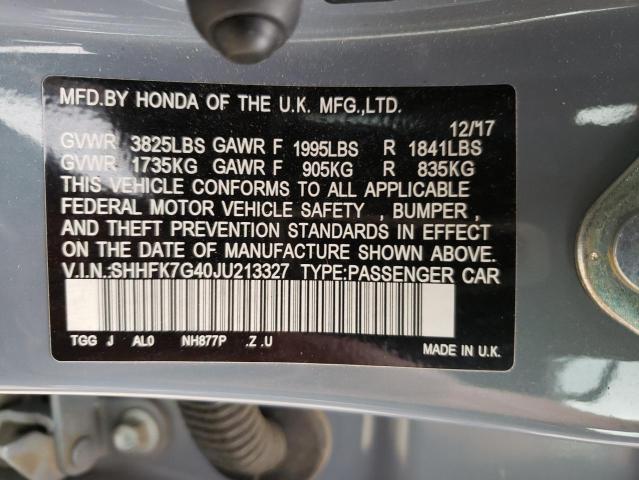 SHHFK7G40JU213327 - 2018 HONDA CIVIC SPORT 蓝色 照片 13