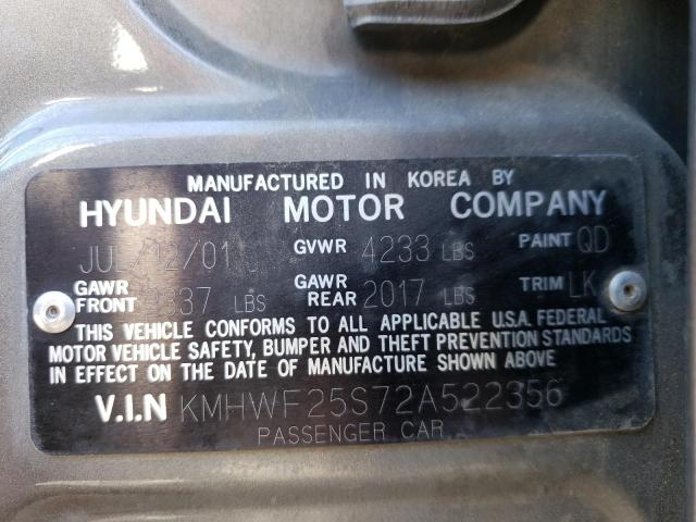 KMHWF25S72A522356 - 2002 HYUNDAI SONATA GL GRAY photo 12