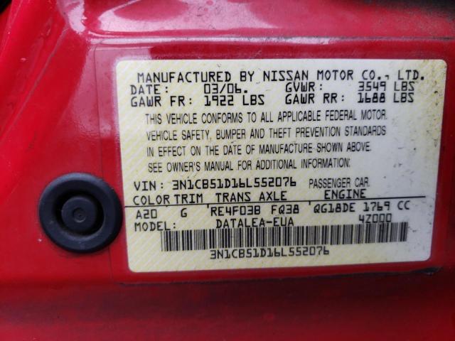 3N1CB51D16L552076 - 2006 NISSAN SENTRA 1.8 RED photo 12